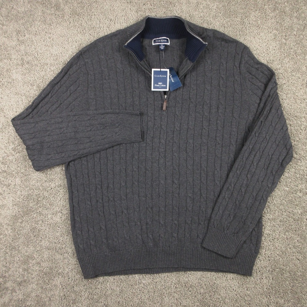 Club Room Sweater Mens 2XL Gray Cable Knit Pima Cotton Quarter Zip Pullover NEW